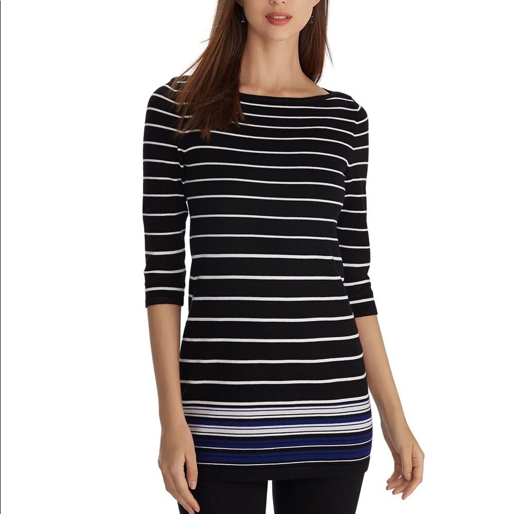 White House Black Market Black and White Striped Boatneck Tunic with Blue Accent
